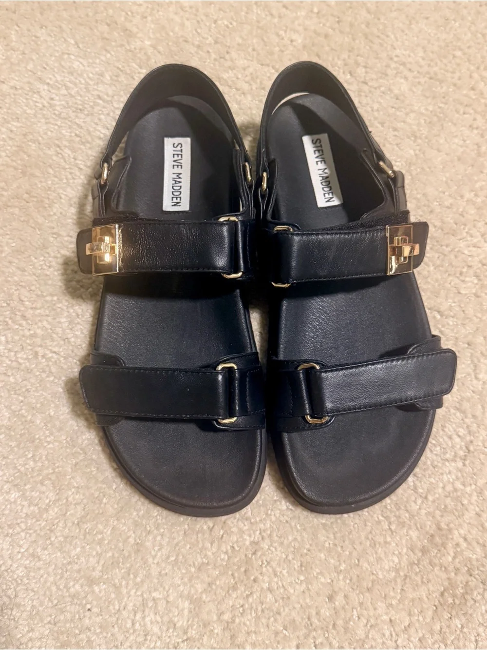 Steve Madden Black Mona Leather Sandals with Gold Accents